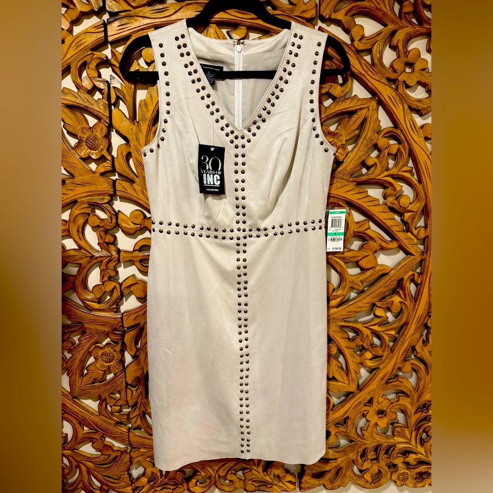 NWT INC Faux Suede Studded Beige Dress